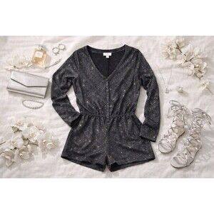 Colsie Black Shimmer Romper L | Long Sleeve V Neck Button Front Lounge